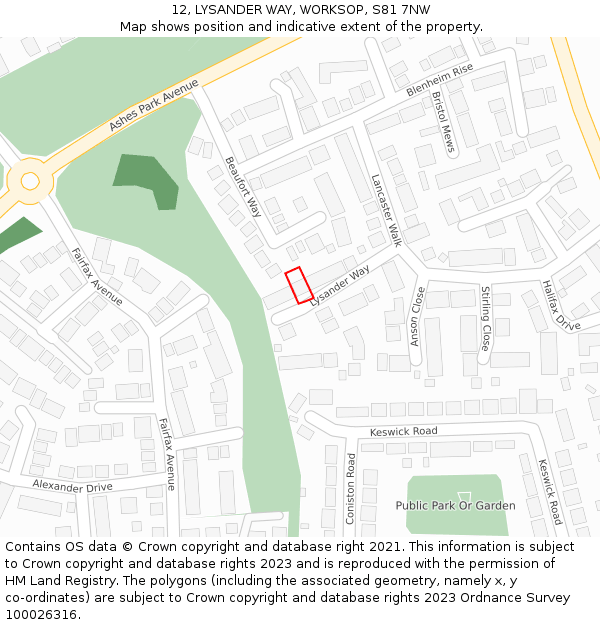 12, LYSANDER WAY, WORKSOP, S81 7NW: Location map and indicative extent of plot