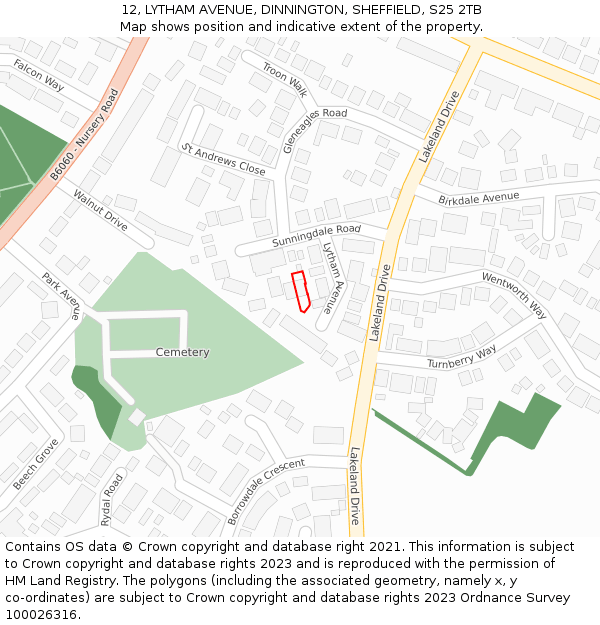 12, LYTHAM AVENUE, DINNINGTON, SHEFFIELD, S25 2TB: Location map and indicative extent of plot