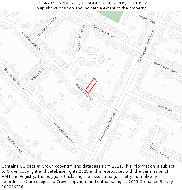 12, MADISON AVENUE, CHADDESDEN, DERBY, DE21 6HZ: Location map and indicative extent of plot