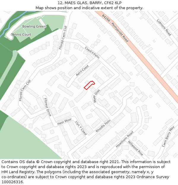 12, MAES GLAS, BARRY, CF62 6LP: Location map and indicative extent of plot