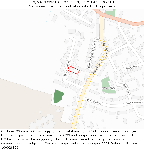 12, MAES GWYNFA, BODEDERN, HOLYHEAD, LL65 3TH: Location map and indicative extent of plot