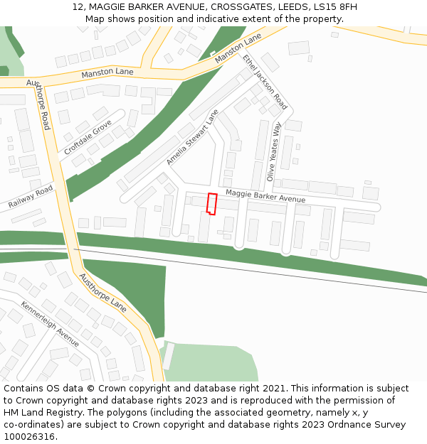 12, MAGGIE BARKER AVENUE, CROSSGATES, LEEDS, LS15 8FH: Location map and indicative extent of plot
