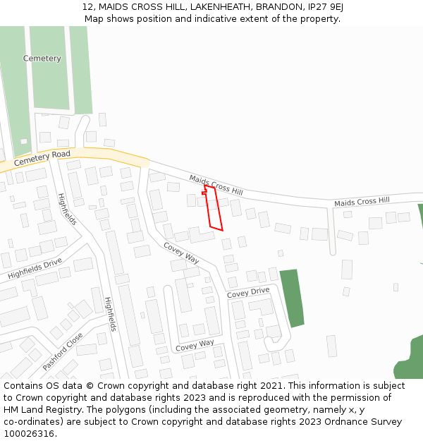 12, MAIDS CROSS HILL, LAKENHEATH, BRANDON, IP27 9EJ: Location map and indicative extent of plot