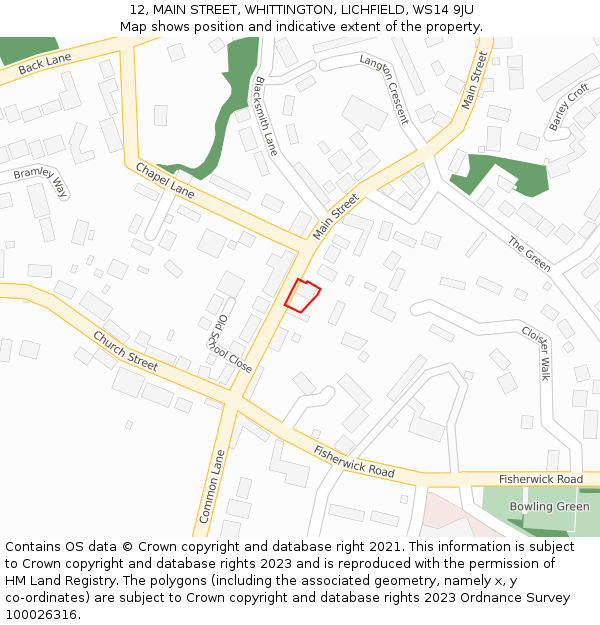 12, MAIN STREET, WHITTINGTON, LICHFIELD, WS14 9JU: Location map and indicative extent of plot