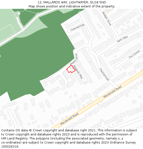 12, MALLARDS WAY, LIGHTWATER, GU18 5ND: Location map and indicative extent of plot