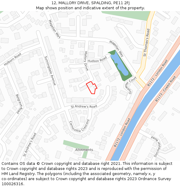 12, MALLORY DRIVE, SPALDING, PE11 2FJ: Location map and indicative extent of plot