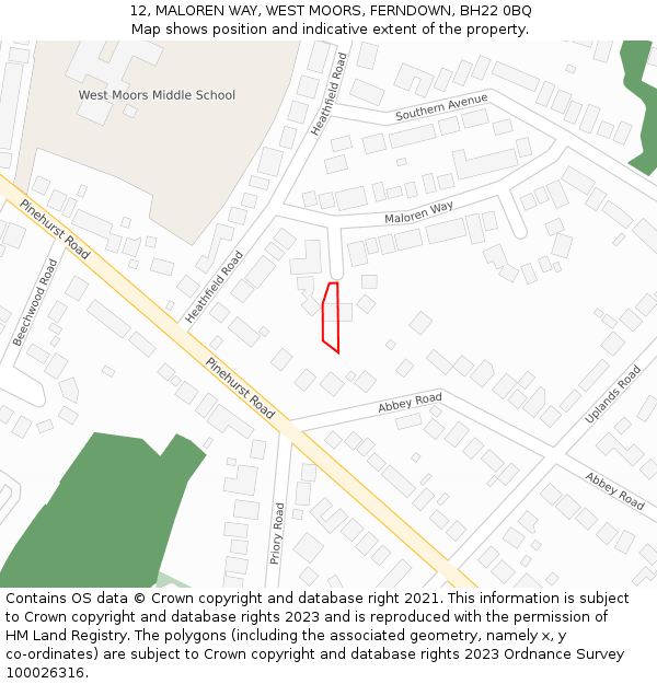 12, MALOREN WAY, WEST MOORS, FERNDOWN, BH22 0BQ: Location map and indicative extent of plot