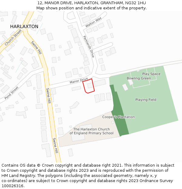 12, MANOR DRIVE, HARLAXTON, GRANTHAM, NG32 1HU: Location map and indicative extent of plot