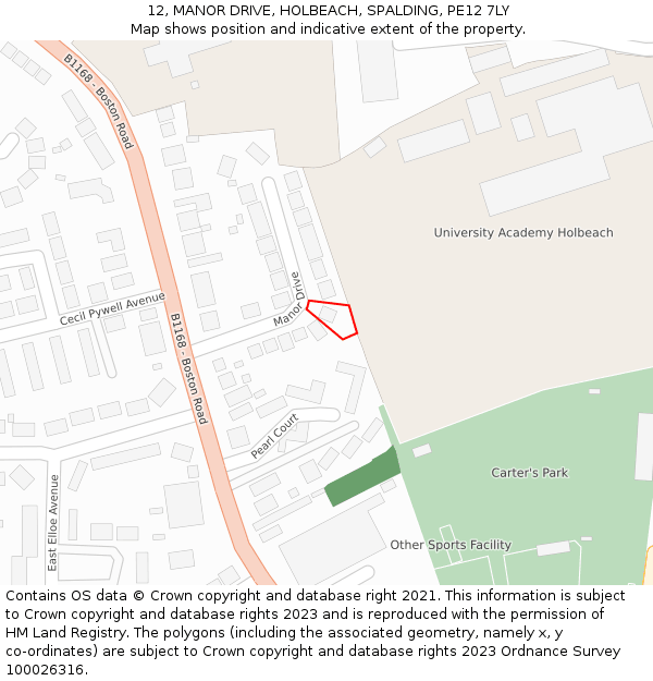 12, MANOR DRIVE, HOLBEACH, SPALDING, PE12 7LY: Location map and indicative extent of plot