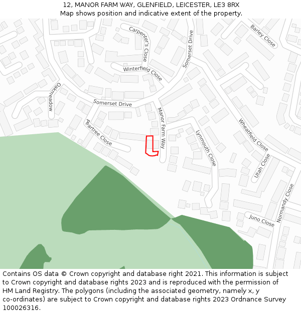 12, MANOR FARM WAY, GLENFIELD, LEICESTER, LE3 8RX: Location map and indicative extent of plot