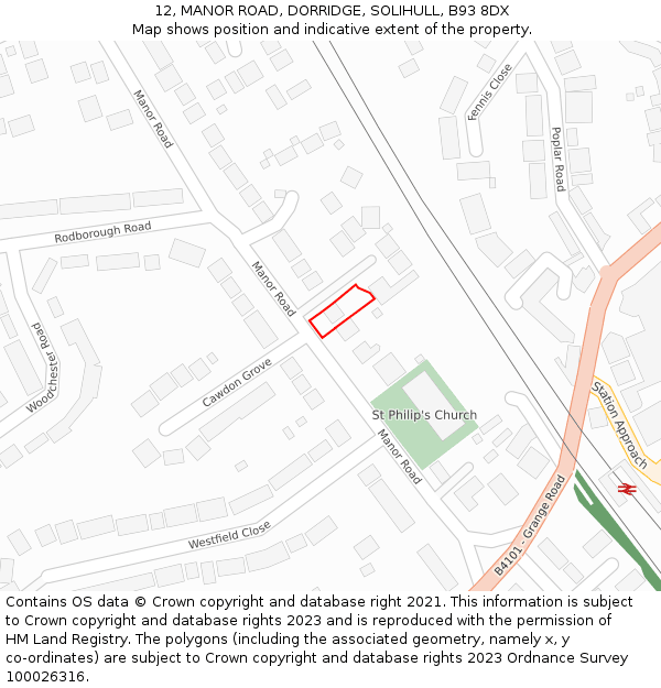 12, MANOR ROAD, DORRIDGE, SOLIHULL, B93 8DX: Location map and indicative extent of plot