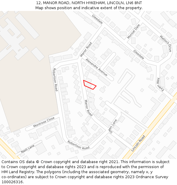 12, MANOR ROAD, NORTH HYKEHAM, LINCOLN, LN6 8NT: Location map and indicative extent of plot