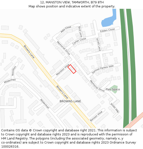 12, MANSTON VIEW, TAMWORTH, B79 8TH: Location map and indicative extent of plot