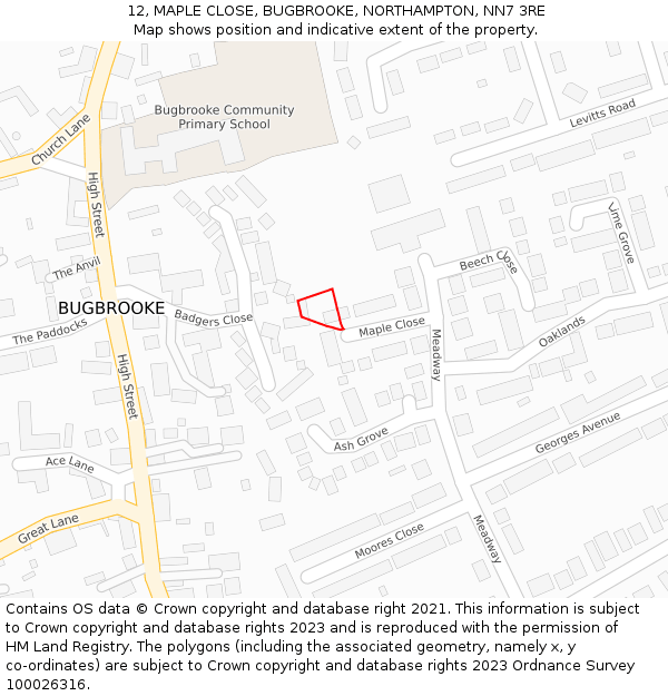 12, MAPLE CLOSE, BUGBROOKE, NORTHAMPTON, NN7 3RE: Location map and indicative extent of plot