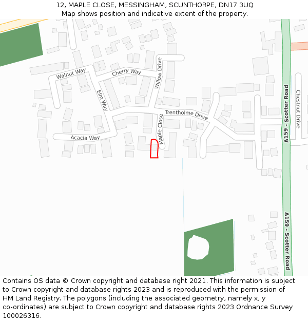 12, MAPLE CLOSE, MESSINGHAM, SCUNTHORPE, DN17 3UQ: Location map and indicative extent of plot