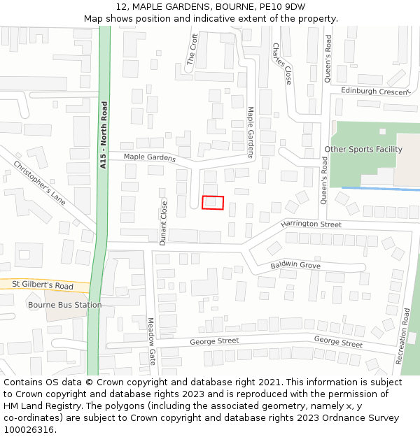 12, MAPLE GARDENS, BOURNE, PE10 9DW: Location map and indicative extent of plot