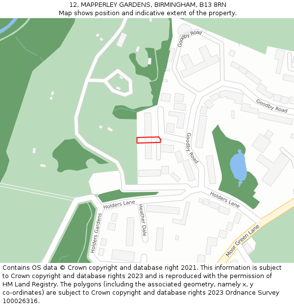 12, MAPPERLEY GARDENS, BIRMINGHAM, B13 8RN: Location map and indicative extent of plot