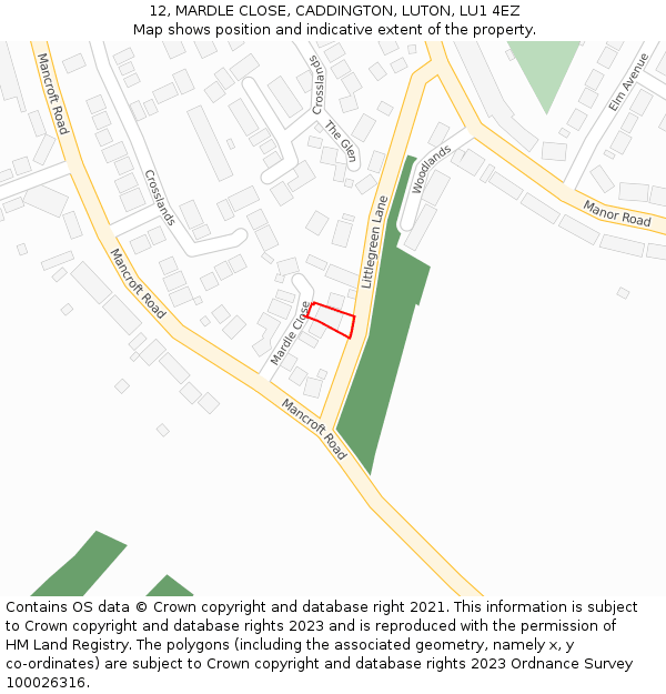 12, MARDLE CLOSE, CADDINGTON, LUTON, LU1 4EZ: Location map and indicative extent of plot