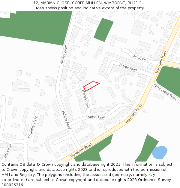 12, MARIAN CLOSE, CORFE MULLEN, WIMBORNE, BH21 3UH: Location map and indicative extent of plot