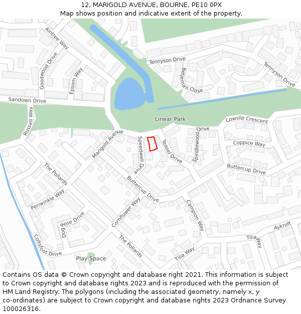 12, MARIGOLD AVENUE, BOURNE, PE10 0PX: Location map and indicative extent of plot