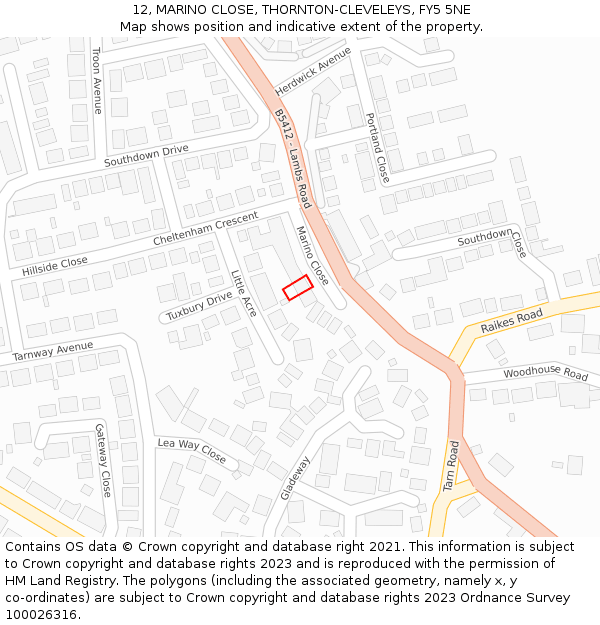 12, MARINO CLOSE, THORNTON-CLEVELEYS, FY5 5NE: Location map and indicative extent of plot