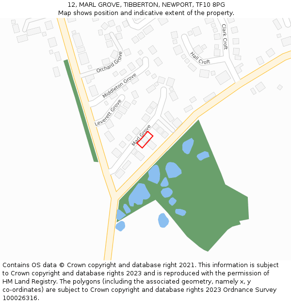 12, MARL GROVE, TIBBERTON, NEWPORT, TF10 8PG: Location map and indicative extent of plot