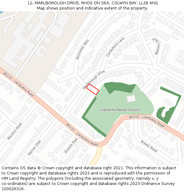 12, MARLBOROUGH DRIVE, RHOS ON SEA, COLWYN BAY, LL28 4NQ: Location map and indicative extent of plot