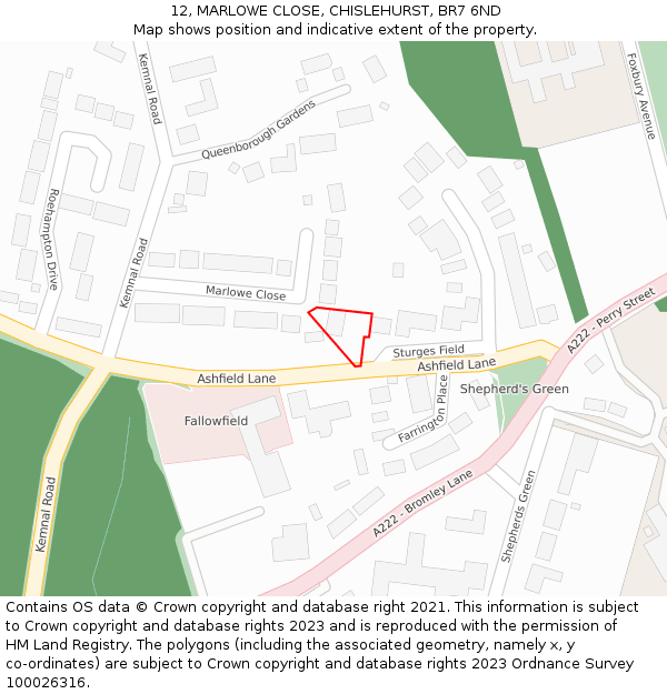 12, MARLOWE CLOSE, CHISLEHURST, BR7 6ND: Location map and indicative extent of plot