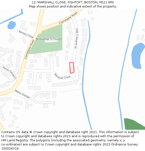 12, MARSHALL CLOSE, FISHTOFT, BOSTON, PE21 0RX: Location map and indicative extent of plot