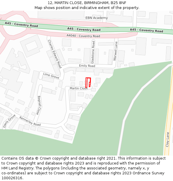 12, MARTIN CLOSE, BIRMINGHAM, B25 8NF: Location map and indicative extent of plot