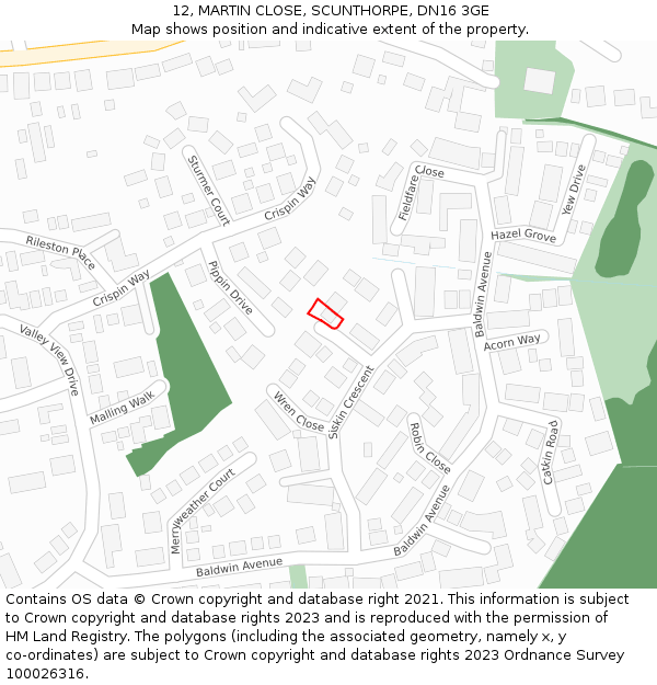 12, MARTIN CLOSE, SCUNTHORPE, DN16 3GE: Location map and indicative extent of plot