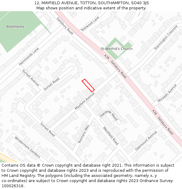 12, MAYFIELD AVENUE, TOTTON, SOUTHAMPTON, SO40 3JS: Location map and indicative extent of plot