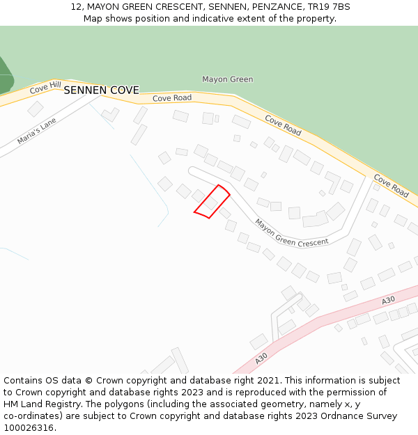 12, MAYON GREEN CRESCENT, SENNEN, PENZANCE, TR19 7BS: Location map and indicative extent of plot