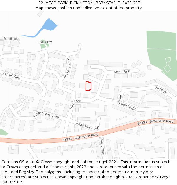 12, MEAD PARK, BICKINGTON, BARNSTAPLE, EX31 2PF: Location map and indicative extent of plot