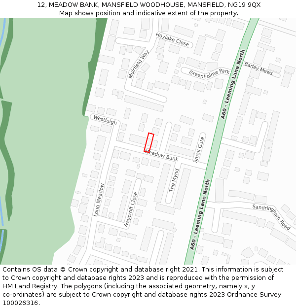 12, MEADOW BANK, MANSFIELD WOODHOUSE, MANSFIELD, NG19 9QX: Location map and indicative extent of plot