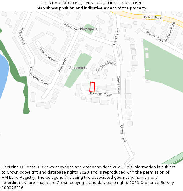 12, MEADOW CLOSE, FARNDON, CHESTER, CH3 6PP: Location map and indicative extent of plot