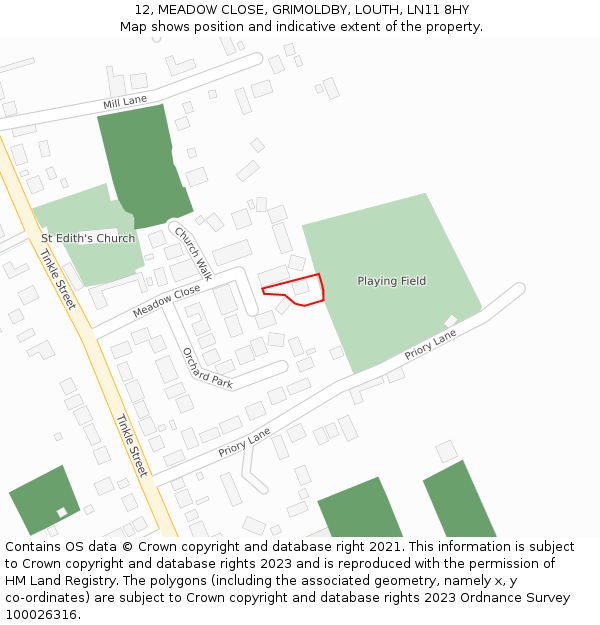 12, MEADOW CLOSE, GRIMOLDBY, LOUTH, LN11 8HY: Location map and indicative extent of plot