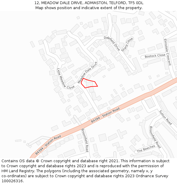 12, MEADOW DALE DRIVE, ADMASTON, TELFORD, TF5 0DL: Location map and indicative extent of plot