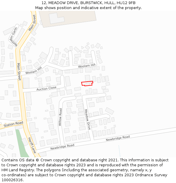 12, MEADOW DRIVE, BURSTWICK, HULL, HU12 9FB: Location map and indicative extent of plot