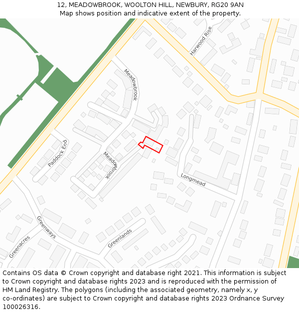 12, MEADOWBROOK, WOOLTON HILL, NEWBURY, RG20 9AN: Location map and indicative extent of plot