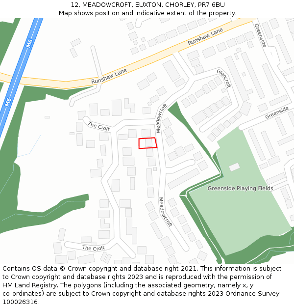 12, MEADOWCROFT, EUXTON, CHORLEY, PR7 6BU: Location map and indicative extent of plot