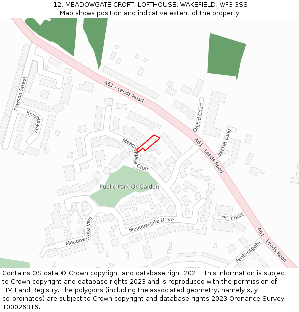 12, MEADOWGATE CROFT, LOFTHOUSE, WAKEFIELD, WF3 3SS: Location map and indicative extent of plot