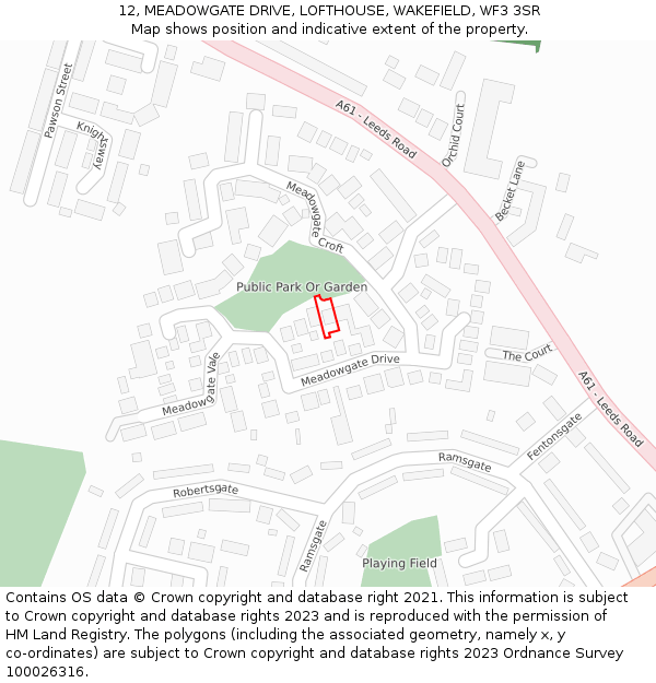 12, MEADOWGATE DRIVE, LOFTHOUSE, WAKEFIELD, WF3 3SR: Location map and indicative extent of plot
