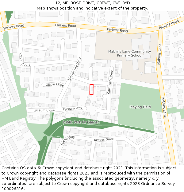 12, MELROSE DRIVE, CREWE, CW1 3YD: Location map and indicative extent of plot