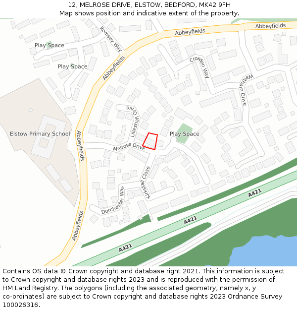 12, MELROSE DRIVE, ELSTOW, BEDFORD, MK42 9FH: Location map and indicative extent of plot