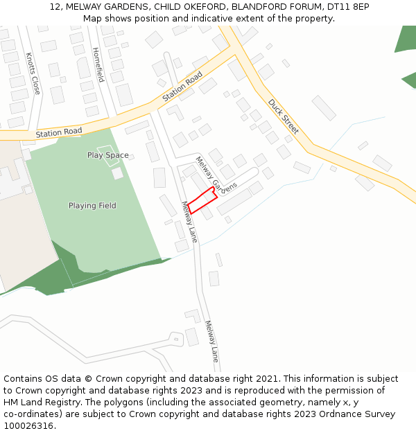 12, MELWAY GARDENS, CHILD OKEFORD, BLANDFORD FORUM, DT11 8EP: Location map and indicative extent of plot