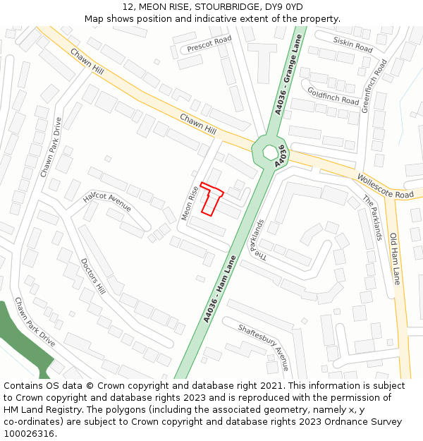 12, MEON RISE, STOURBRIDGE, DY9 0YD: Location map and indicative extent of plot