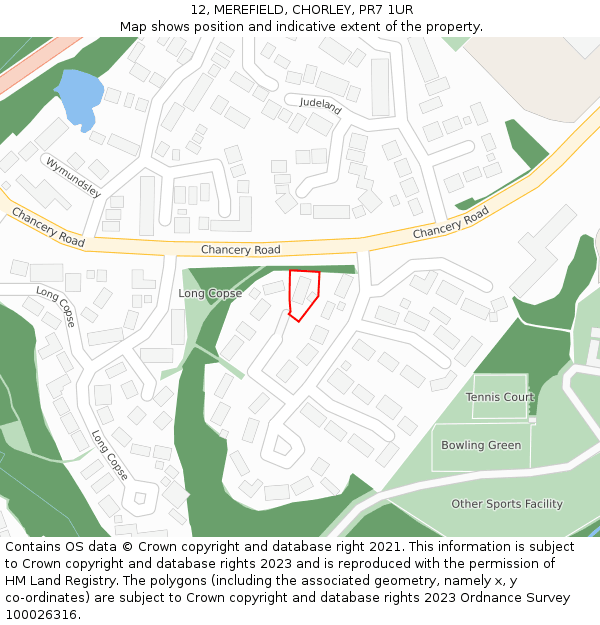 12, MEREFIELD, CHORLEY, PR7 1UR: Location map and indicative extent of plot