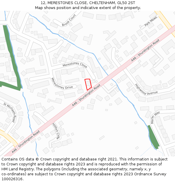 12, MERESTONES CLOSE, CHELTENHAM, GL50 2ST: Location map and indicative extent of plot