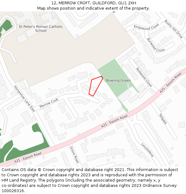 12, MERROW CROFT, GUILDFORD, GU1 2XH: Location map and indicative extent of plot